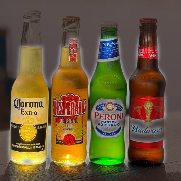 Corona, Desperados, Peroni and Budweiser at the bar
