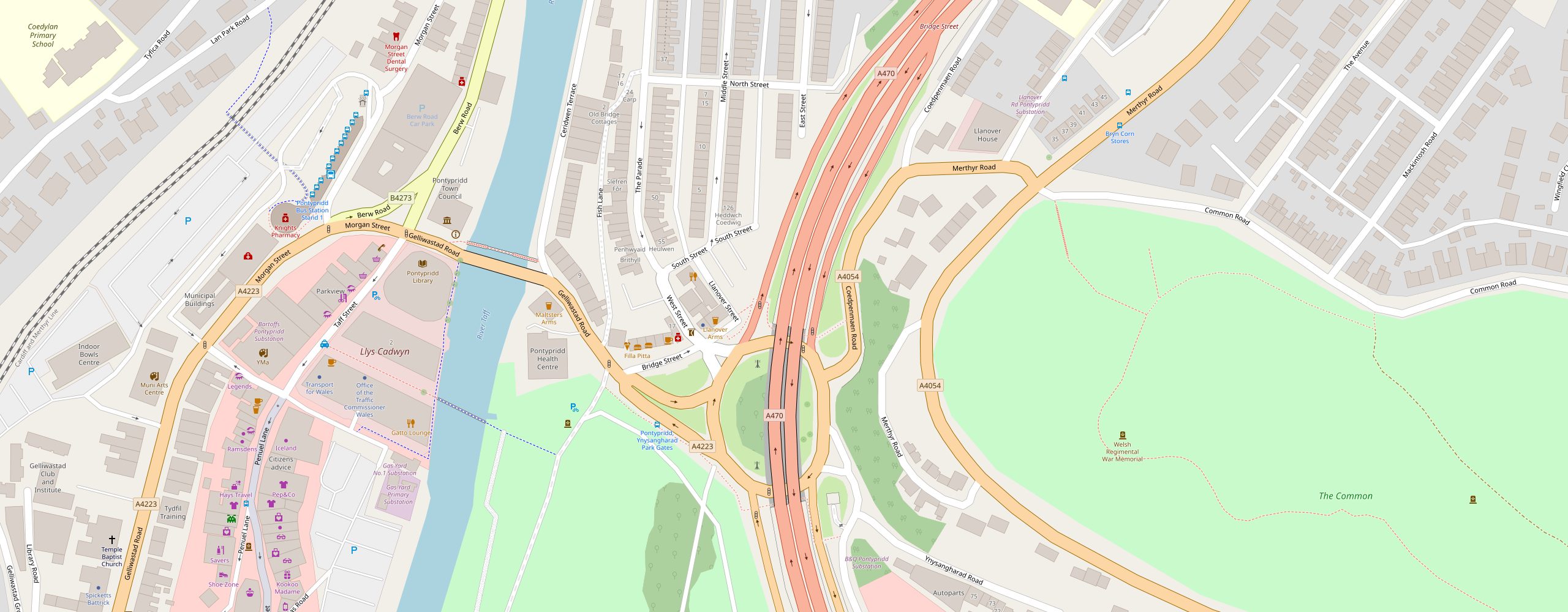 Map of Bridge Street, Pontypridd, with the Maltsters Arms marked